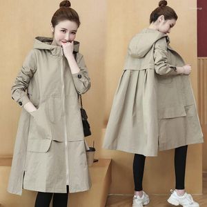 Kvinnors trenchrockar Spring Autumn Hooded Coat for Women 2022 Fashion Pocket Long Windbreaker Plus Size Casual Loose Outerwear Female