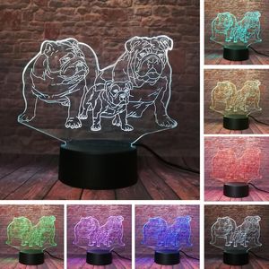 Luzes noturnas Fam￭lia de c￣es pug 3D LED luminoso l￢mpada de mesa novidade ilus￣o luz 7 cores mudan￧as de toque gradual interruptor USB