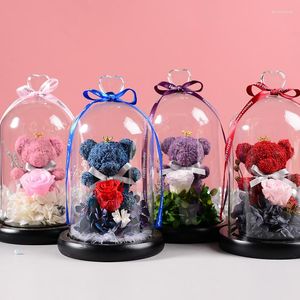 Flores decorativas eternas preservadas rosa fresca adorável urso de pelúcia moldagem de luz LED em um frasco imortal do dia dos namorados