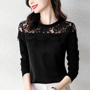 T-shirt da donna Donna Top T-shirt Fashion Black Lace Pullover a maniche lunghe Casual Basic Office Lady Blusas 2022 Autunno Inverno