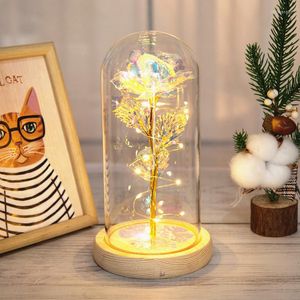 Decorative Flowers Color Gold LED Glass Cover Rose Flower Valentine Day Creative Gift Simulation Small Ornaments Year Decoration 2022