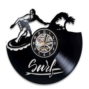 Väggklockor surfing vintage vinyl skivklocka surf upp sommarstrand tid silhuett 3d klistermärken hängande klocktekor 220930