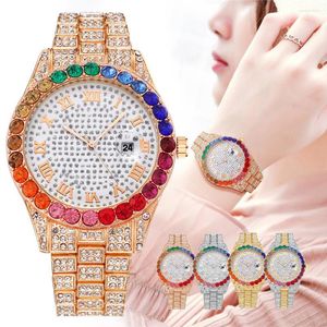 Horloges Kleurrijke Vol Diamanten Kalender Mode Dames Horloge Romeinse Wijzerplaat Schaal Quartz Fabriek Directe Levering Snelle Levering