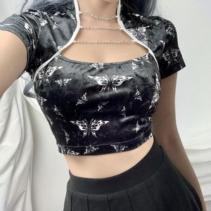 Kvinnors blusar Kort ￤rmkedja Connect Cheongsam krage sexig l￥gklippt blus fj￤ril tryckt snygga trendiga smala beskuren topp