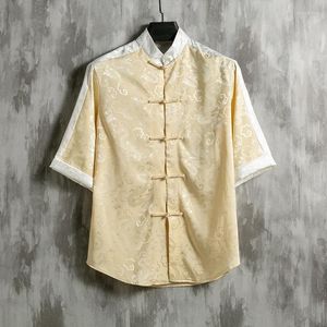 Herrpolos kinesisk stil stativ krage män skjortor retro lycklig molnrock satin sommar avslappnad hem t-shirts stor storlek 3xl 4xl 5xl jacka