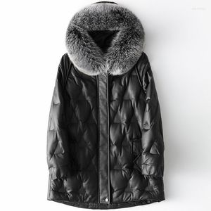 Women's Leather High End Winter Fur Collar Down Jacket Women Hooded Medium Length Black Coat Quality Office Zipper Parka Women's & Faux