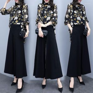 Women's Tracksuits 2022 Summer Womens Two Piece Set Floral Print Three Quarter Sleeve Long Tops And High Quality Loose Pants Suit For Women