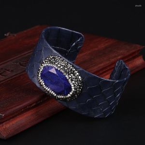 Brazalete oval oval lapislázuli bead encanto encanto pavimento diamante de diarioillo renovable de cuero de serpiente azul resbalada abierta para mujeres joyas para mujeres joyas
