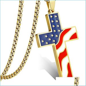 Anhänger Halsketten Edelstahl Amerikanische Flagge Kreuz Halskette Für Männer Frauen Punk USA Geometrische Anhänger Herren Damen Necklac Mjfashion Dhgef