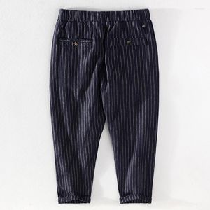 Men's Pants 2022 Autumn Winter Men Striped Cotton Linen Breathable Cropped Elastic Waist Casual Trousers Retro Brown Workwear H005