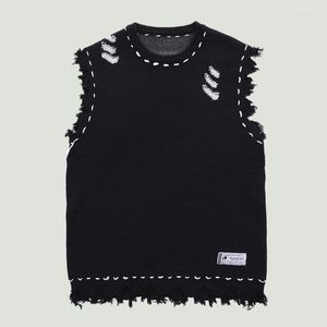 Men's Vests Men's Distressed Knitted Sweater Vest Streetwear Vintage Harajuku Hole Fringed Sleeveless Oversized Casual Pullover Unisex