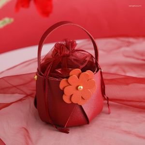 Gift Wrap 10 PCS Creative Small Flower Leather Hand-Held Candy Basket Holiday Wedding Exquisite Cute Box With Yarn Bag