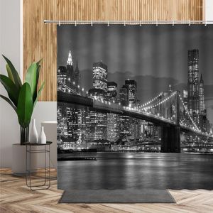 Cortinas de chuveiro Cortina de paisagem noturna York Building Building Build Banho 3d Retro preto branco Po banheiro de decors de decorações