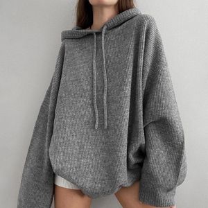 Kadın Sweaters Kadınlar Örme Sweater Kapşonlu Büyük Boyutlu Dantel Up Uzun Kollu Gri Külkü 2022 Kore Moda Günlük Gevşek Kadın