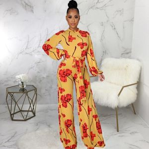 Casual Dresses Women Floral Print Jumpsuits Long Sleeve Deep V Neck Wide Leg One Piece Overalls Nightclub Party Bodycon S-XXL