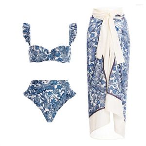 Costumi da bagno delle donne del progettista 2023 donne sexy blu e bianco porcellana stampa bikini set gonna cover up pizzo costume da bagno beachwear biquini