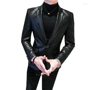 Men's Fur Men's Snakeskin Tattoo PU Faux Leather Jacket Coat Business Casual Snake Skin Style Slim Suit Blazer Jackets Black Male