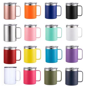 14oz kaffemugg med handtag rostfritt stål pulverbelagd rese tumlar kopp vakuumisolerade campingmuggar med lock