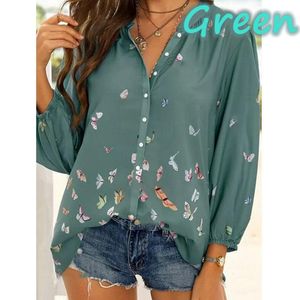 Bloups feminina camisas femininas Button Up Camisa Mulheres V Blusa Casual Casual Borboleta Tops Ladies Manga longa Vintage preto