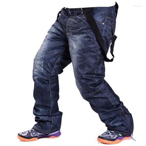 Skidbyxor -30 m￤n Sn￶ utomhus sport slitage rembyxor snowboardkl￤der vattent￤t vindt￤t vinterskiddr￤kt haklappar denim stil