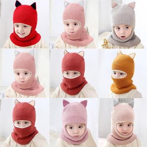 Baby Winter Hat Boy Girl Hood Scarf Cap för småbarn Kids Cartoon Fox Cotton Coif Joint Crochet Sticked Neck Warmer 1-5 år 20221005 E3