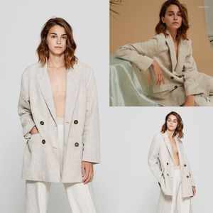 Women's Two Piece Pants Summer Linen Women Suits Fashion Elegant Loose Double Breasted Blazer Designed Patchwork Daily Casual Jacket 2