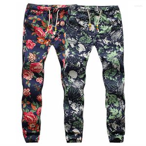 Pantalones de hombres moda para hombres flores casuales delgados lino delgado pantalones largos sarouel pip de bandana hip hop harem jogger