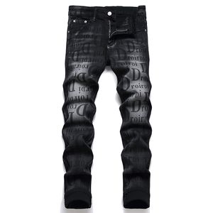 Slim Fit Stretch Black Men's Jeans Spring Autumn Letter Print Vaqueros Casual Straight Streetwear Mid-waist Cotton Denim Pants