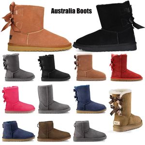 مصمم أحذية النساء الأستراليين الجوارب الكلاسيكية الحذاء الكاحل مصغرة الفراء القوس لفائهن الشتاء الرمادي الرمادي الكستناء bowtie luxurys الحجم 5-10