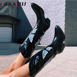 Boots Women Western Mid Calf Heel Big Size 46 High Heels Platform Platform Cowboy Cowgirl Shoes عرضية روما 220901