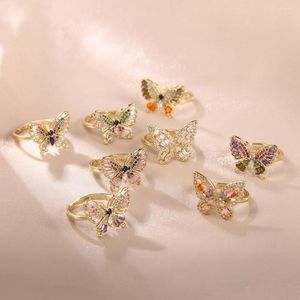 Fedi nuziali Farfalla di lusso per donna Pietra colorata Proposta di sposa Gioielleria con anello sottile aperto in oro alla moda