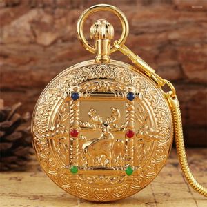 Relojes de bolsillo exquisito patrón de alce mecánico automático reloj antiguo lujo oro cobre doble Retro reloj automático