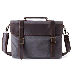 Briefcases Vintage Style Man Briefcase Canvas Male Shoulder Bag Working Handbag Messenger Bags Crazy Horse Leather Laptop Custom