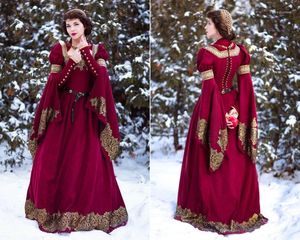 Festklänningar fantasy elven prom klänning vintage retro långärmad guld spets gotisk tudor stil kostym fairy renässans faire kväll