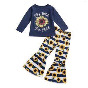 Clothing Sets 2Pcs Little Girls Outfit Autumn Toddlers Letter Long Sleeve Round Collar Tops Stripe Sunflower Bell-bottomed Pants 6M-5T