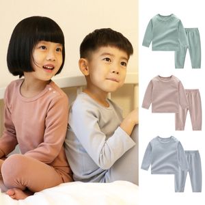 Baby Boys Girls Pajamas مجموعة من القطن الناعم بأكمام طويلة من البلوز أعلى ونسخة سروالين قطعتين ألوان صلبة ملابس نوم أطفال