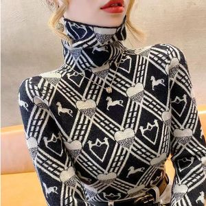 여자 스웨터 대형 고급 빈티지 프린트 긴 소매 따뜻한 하이 하이 칼라 티셔츠 드레스 티 사과 작물 탑