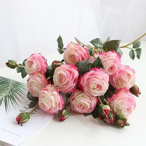 Decorative Flowers 2Heads Artificial Flower Silk Tea Rose 60cm Baked Skill Fake Plant Home Garden Party Decoration Accessories Christmas