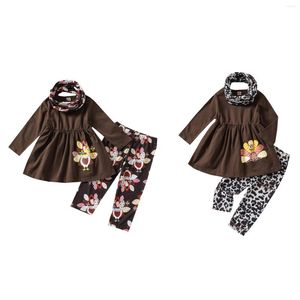 Kläder sätter 3 st spädbarn Thanksgiving Day Outfits Baby Girls Långärmad rund nacke Pullover Leopard/Turkiet Print Pants Neckerchief