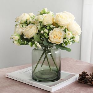 Decorative Flowers Artificial Silk Small Bunch Of Rose And Simulation Green Plant Flower Arrangement Wedding Home Garden Balcony Decoration