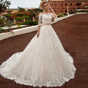 Wedding Dress EVALOVE Charming Boat Neck Half Sleeve A-Line 2022 Gorgeous Appliques Court Train Princess Bridal Gown Plus Size