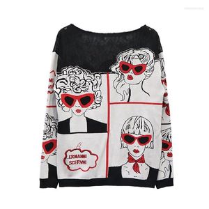 Maglioni da donna Autunno Donna Casual Kawaii Cartoon Jacquard Maglione in tessuto Manica lunga Patchwork in pizzo Maglione Pullover Top in maglia