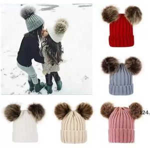 Children Baby Knitted Hats Winter Solid Crochet Hat Warm Soft Pom Pom Beanies Double Hairball Outdoor Slouchy Caps LSB15933