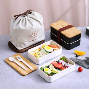 Servis upps￤ttningar av japansk stil bambu tr￤ t￤cker dubbelskikt plast l￥dan b￤rbar bentobox mikrov￥gsugn studentkontorskola