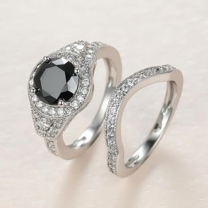 Pierścienie ślubne luksusowy okrągły czarny kamienny zestaw pierścionek srebrny kolony stada para dla kobiet zespoły cyrkon