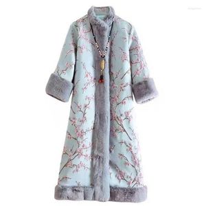 Trench de trincheira feminina mulher murmura algodão de algodão peludo bordado bordado chinês tradicional vintage floral floral oriental oriental leste