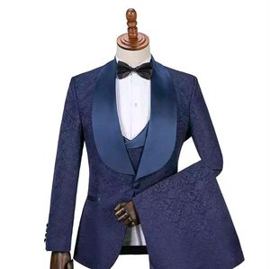 Marineblauer Schmetterlings-Jacquard-Bräutigam-Smoking mit geprägtem dreidimensionalem Muster und Schalrevers für Herren, Blazer, Hochzeitskleid, Abschlussball, Kleidung, mehrfarbig optional