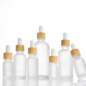 Wholesale Frosted Glass Dropper Bottle Bamboo Lid Eye Dropper Bottles Portable Empty Makeup Storage Container Beauty Holders Dispenser for Essential Oil