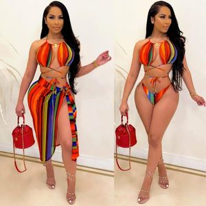 Kadınların Trailtsuits Sjing 2022 Yaz Moda Seksi Renk Stripe Baskılı Mayo Üç Parça Set Kadınlar