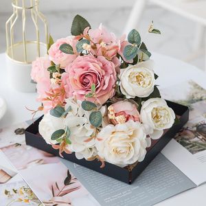 Decorative Flowers Nordic Hybrid Simulation Silk Bouquet Artificial Rose Peony Hydrangea Wedding Home Garden Decoration Flower Arrangement